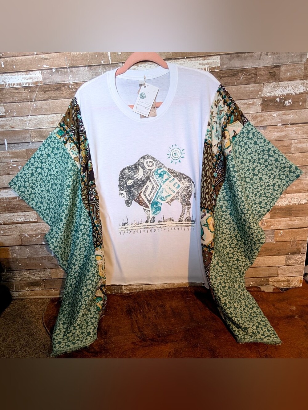 Boho Buffalo Graphic Tee with Teal Patchwork Kimono Bat Winged Sleeves